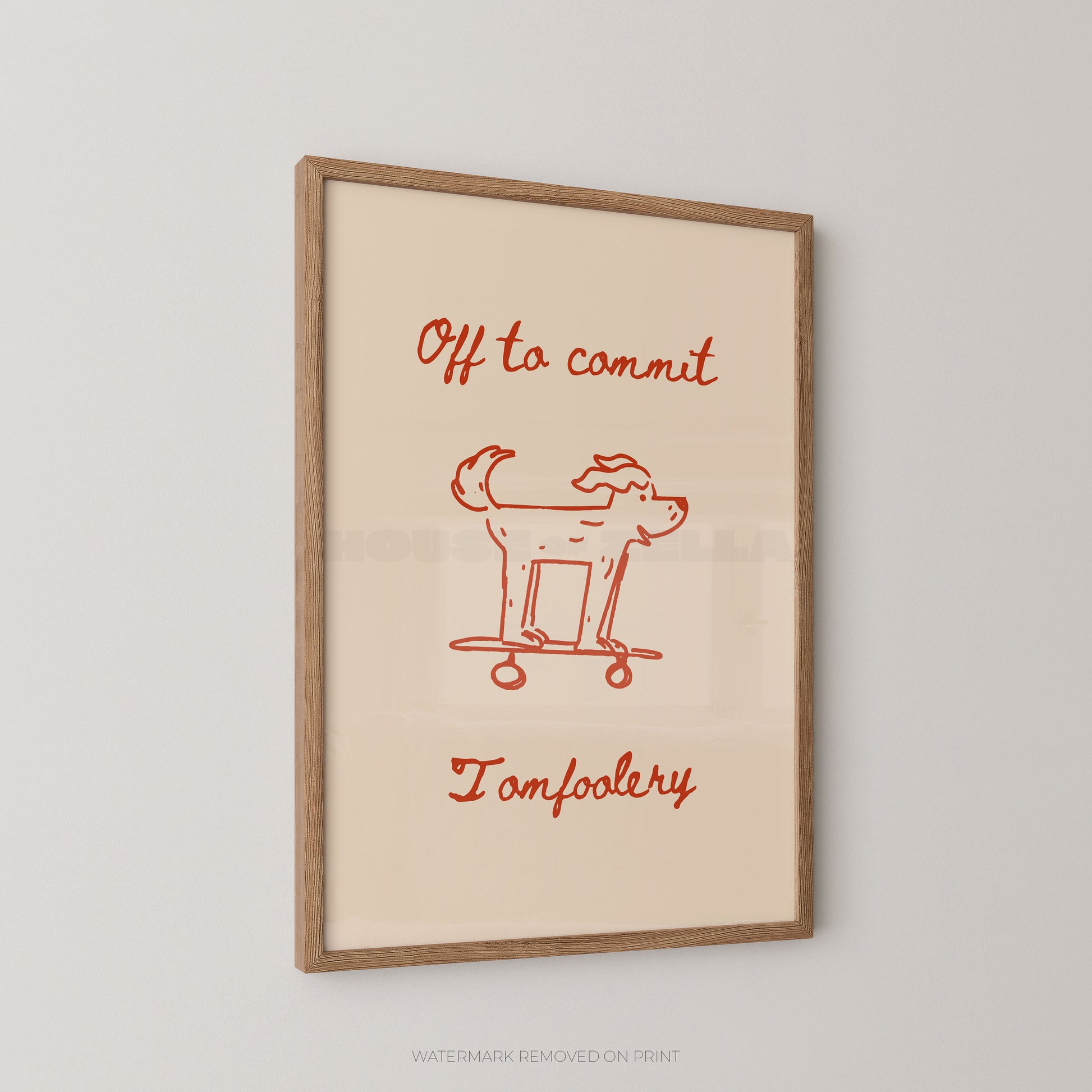 Framed artwork with red text and dog illustration on beige background
