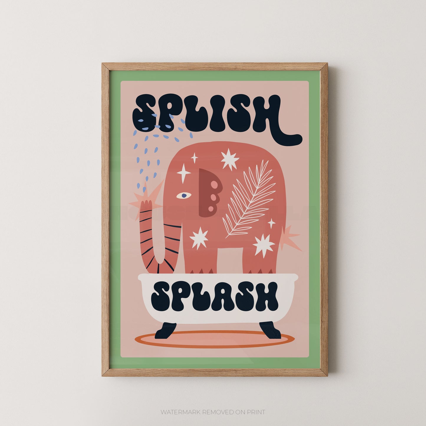 Framed children's poster with an elephant in a bathtub and 'Splish Splash' text on a light pink background.