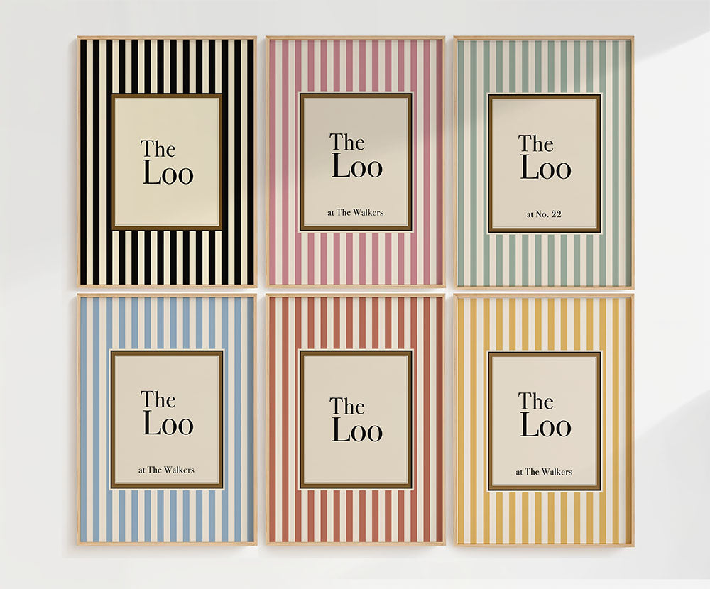 Set of six framed prints with 'The Loo' text on a striped background