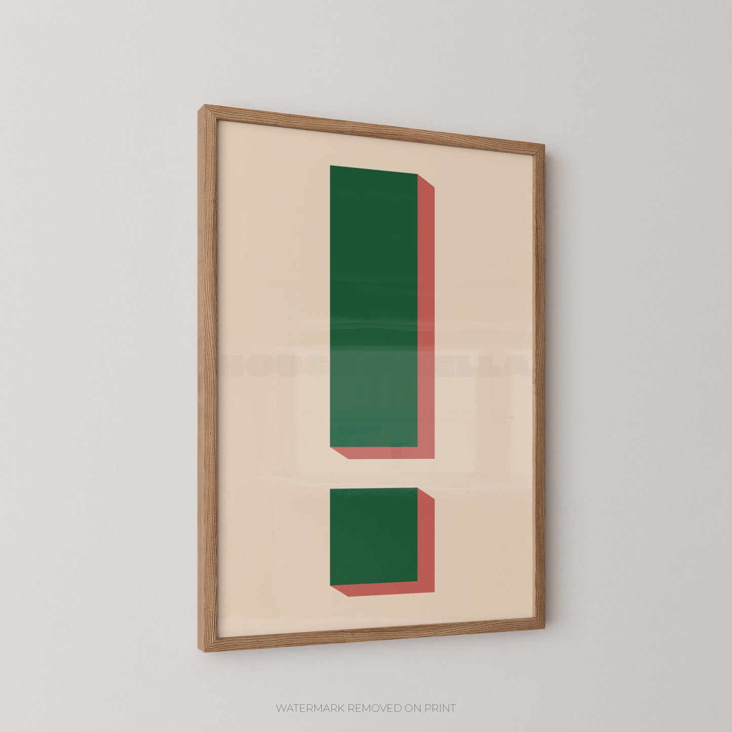 Framed minimalist wall art featuring a large green exclamation mark with red shadowing on a cream background, enclosed in a light wood frame and shown hanging on a light gray wall.