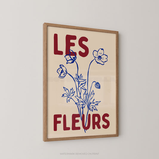 Les Fleurs botanical wall art print, cream floral poster with navy botanical illustration and bold deep red typography.