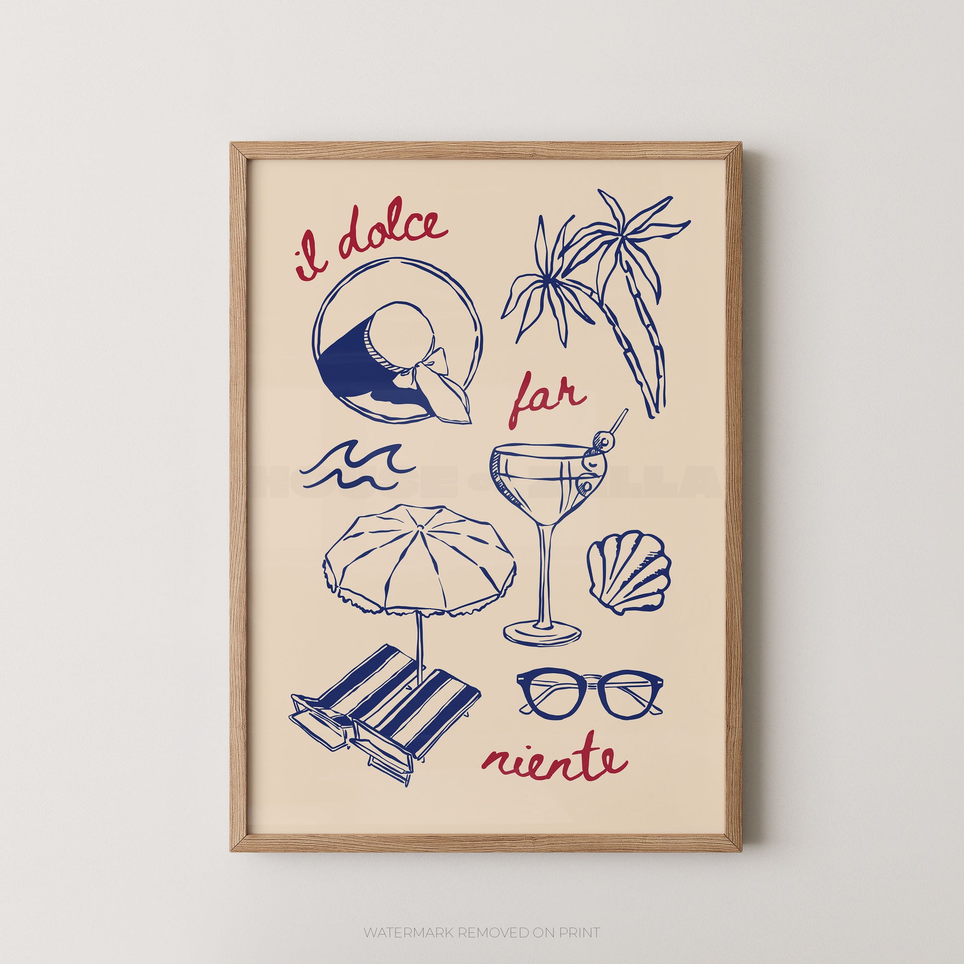 Framed wall art print with illustrated beach and cocktail motifs and the words 'il dolce', 'far', and 'niente' on a cream background, shown hanging against a light wall.