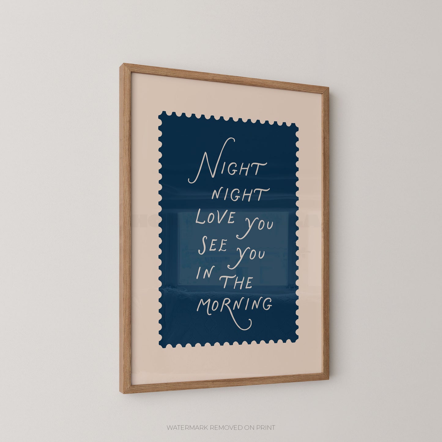 Framed print with 'Night night, love you, see you in the morning' text on a blue background
