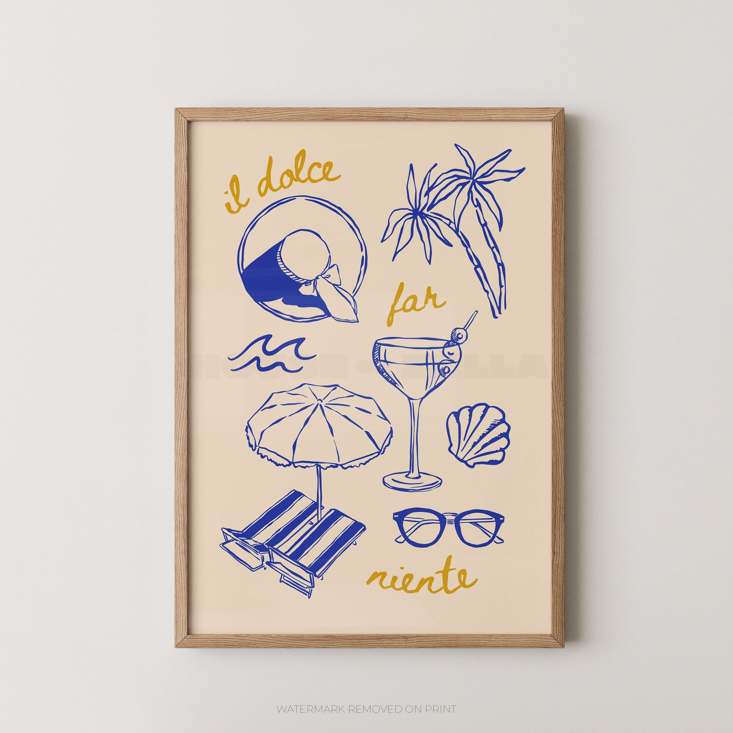 A framed art print featuring blue and yellow doodles of beach-themed items and the Italian text 'il dolce far niente' on a cream background, enclosed in a light wood frame.