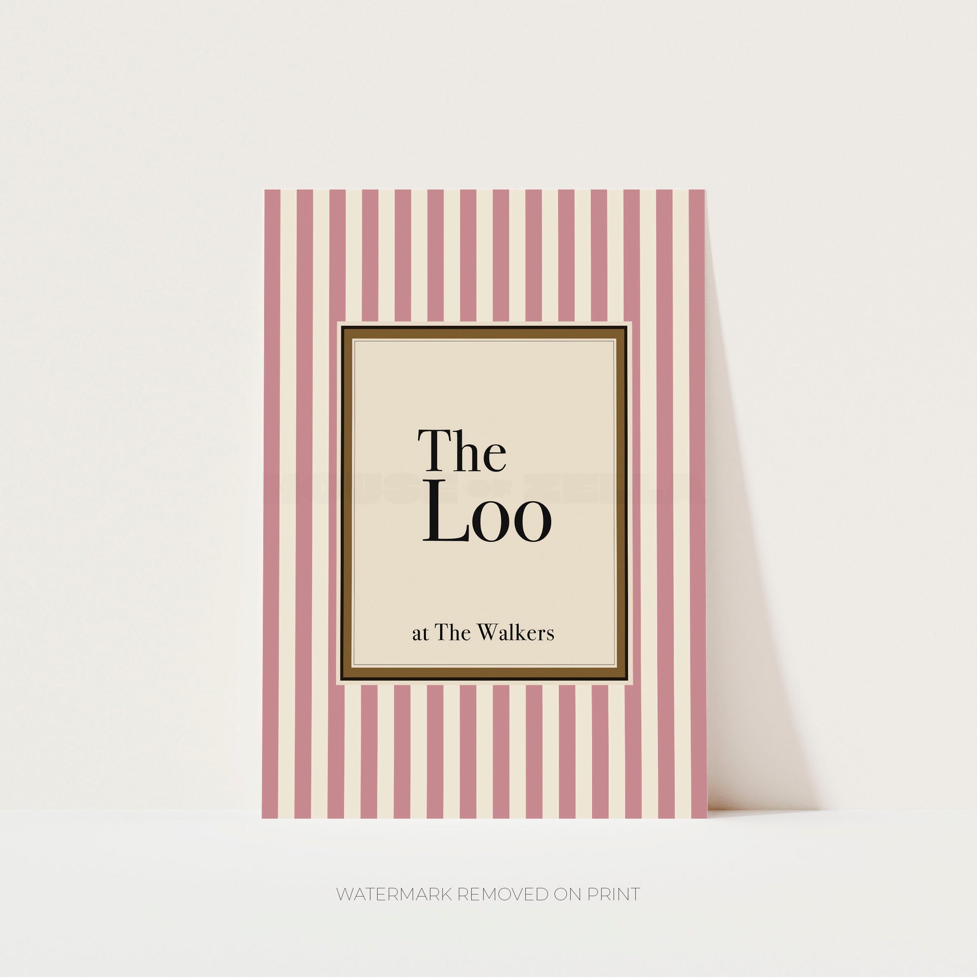 Decorative print with 'The Loo at The Walkers' text on a striped background