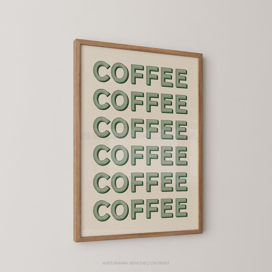 Framed wall art featuring the word 'COFFEE' repeated six times in green outlined letters on an off-white background, shown hanging on a light gray wall.