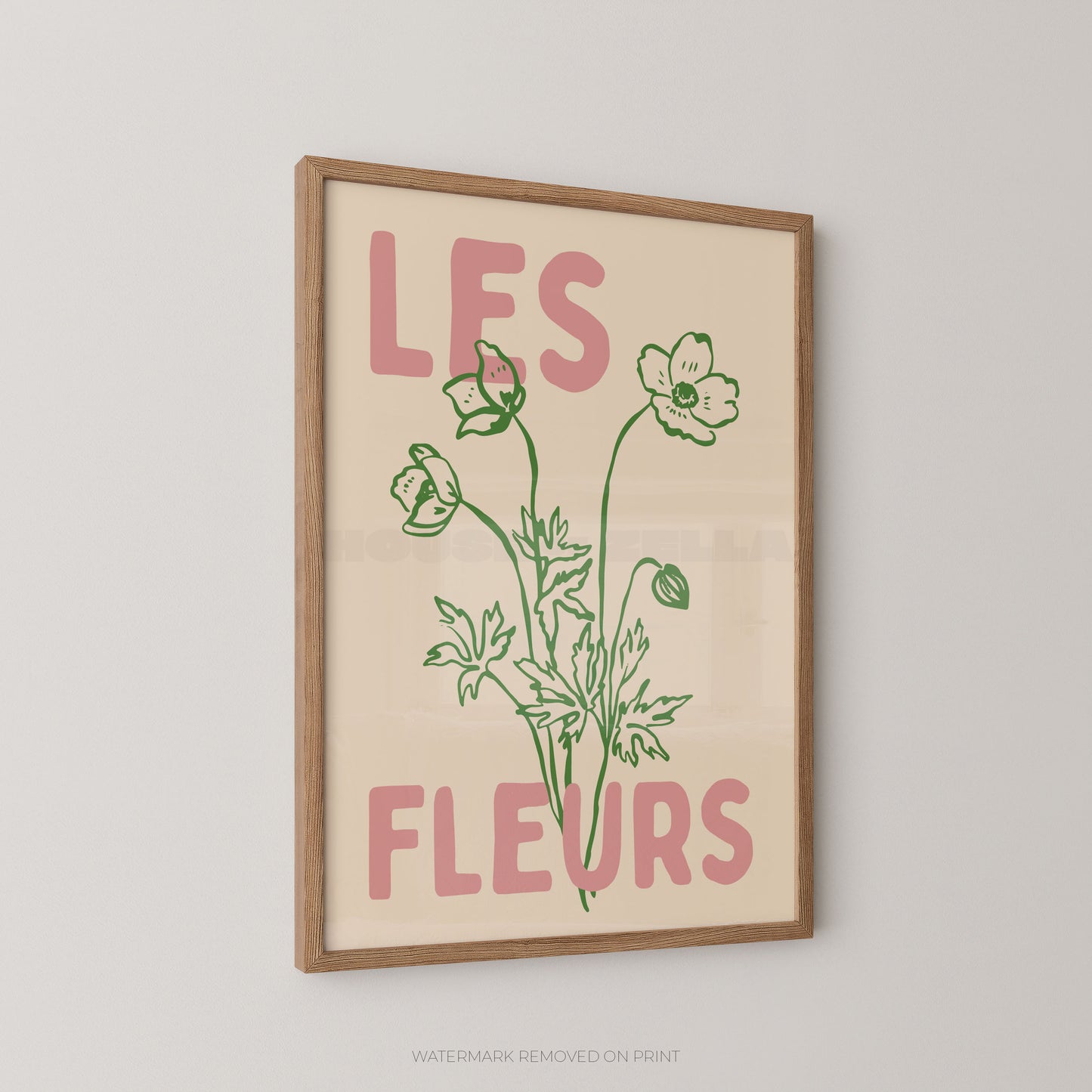 Les Fleurs botanical wall art print, cream floral poster with green botanical illustration and bold pink typography.