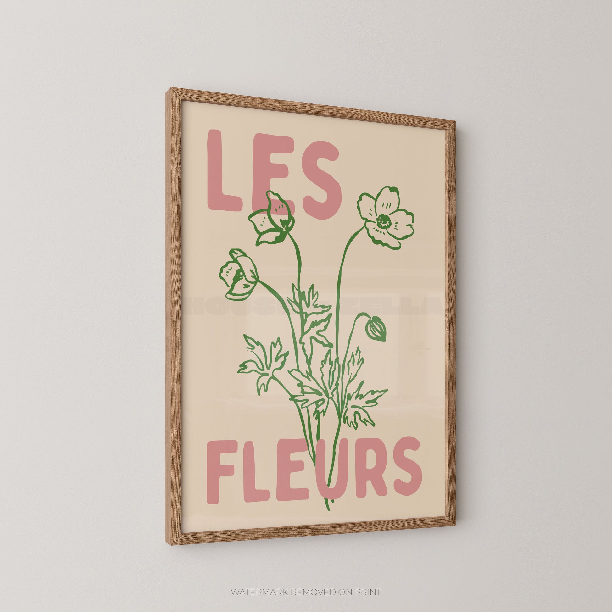 Les Fleurs botanical wall art print, cream floral poster with green botanical illustration and bold pink typography.