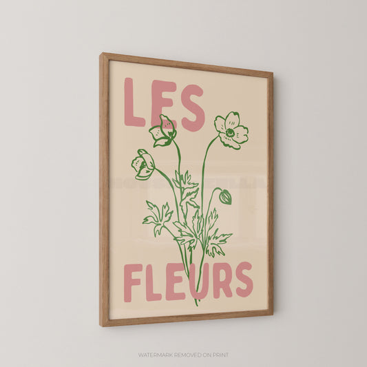 Les Fleurs botanical wall art print, cream floral poster with green botanical illustration and bold pink typography.