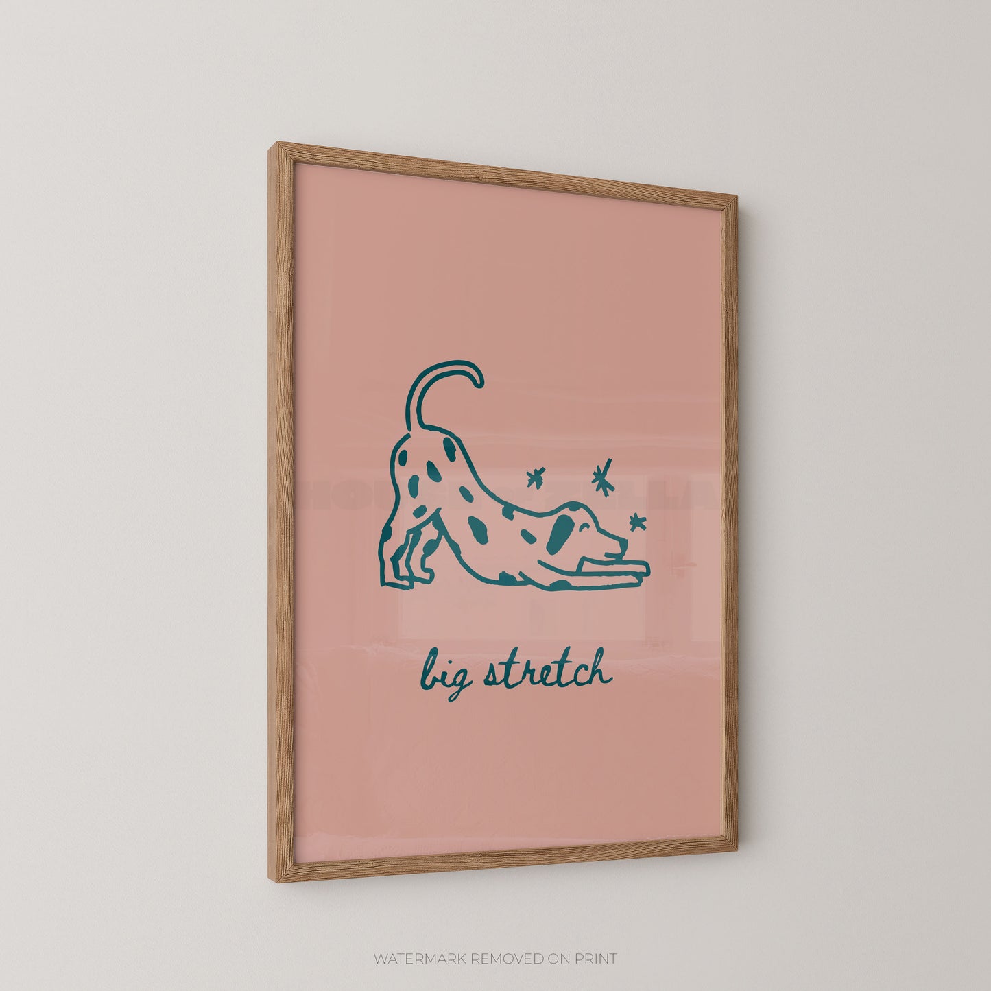Framed artwork with a dalmatian illustration and 'big stretch' text on a pink background.