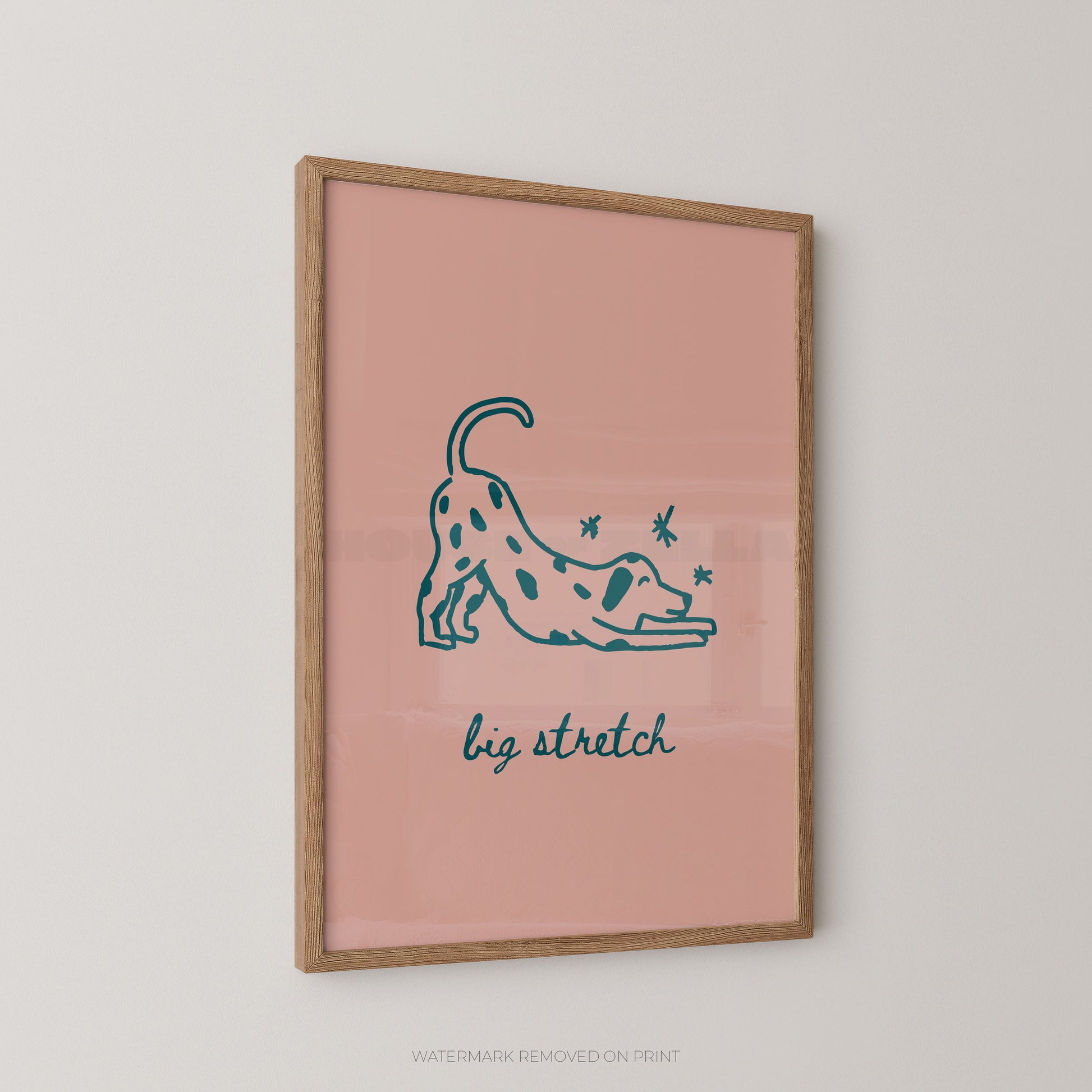 Framed artwork with a dalmatian illustration and 'big stretch' text on a pink background.