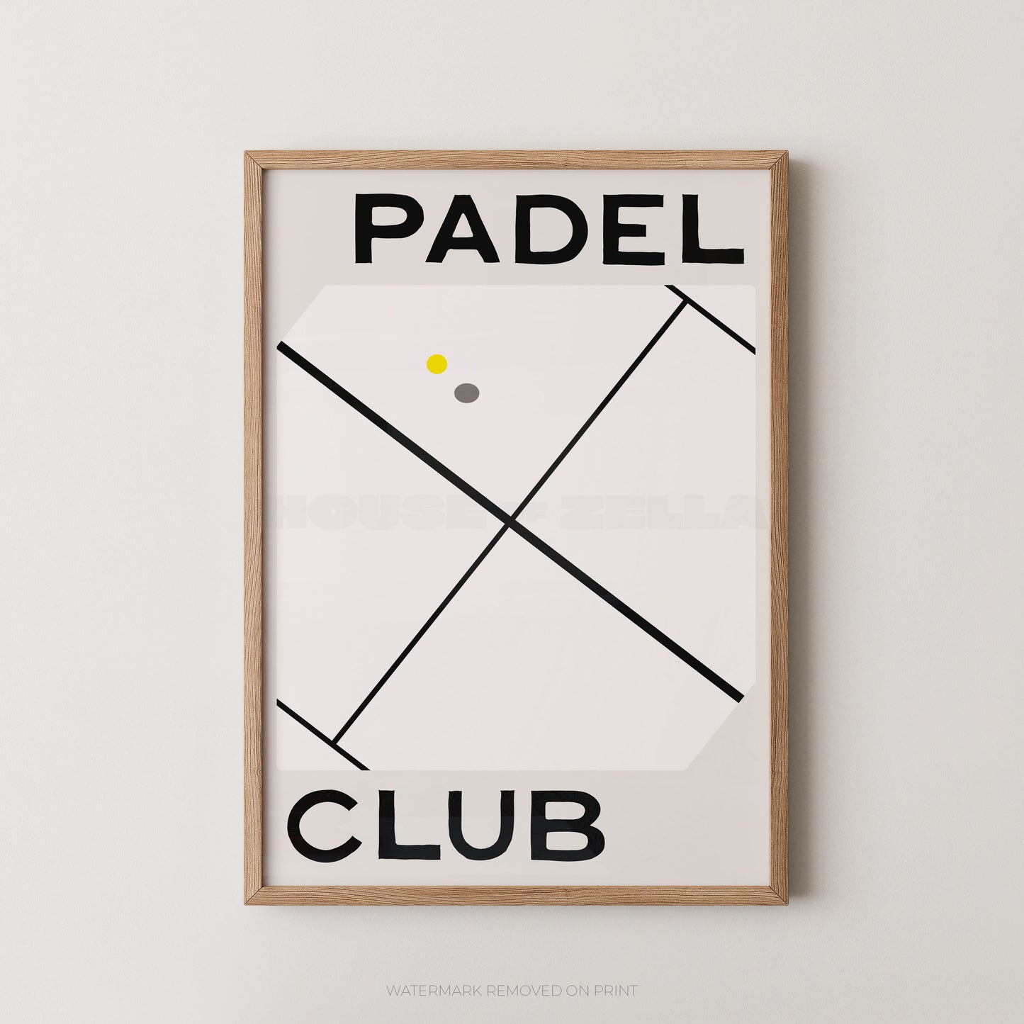 A framed minimalist poster with the words 'PADEL CLUB' in bold black text on a white background, featuring geometric line art and a light wood frame, shown hanging against a light gray wall.