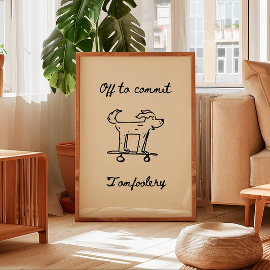 Framed artwork with text and a dog illustration in a living room setting.