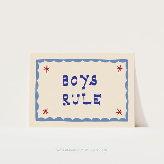Boys Rule' art print showing the text on a beige background, with a blue decorative border and red stars in the corner.