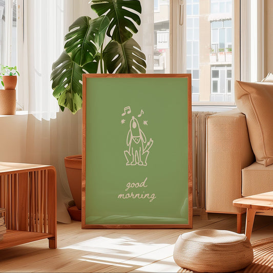 A framed art print with a sage green background and a white line drawing of a frog with musical notes and the text 'good morning' is displayed in a bright, modern living room setting.