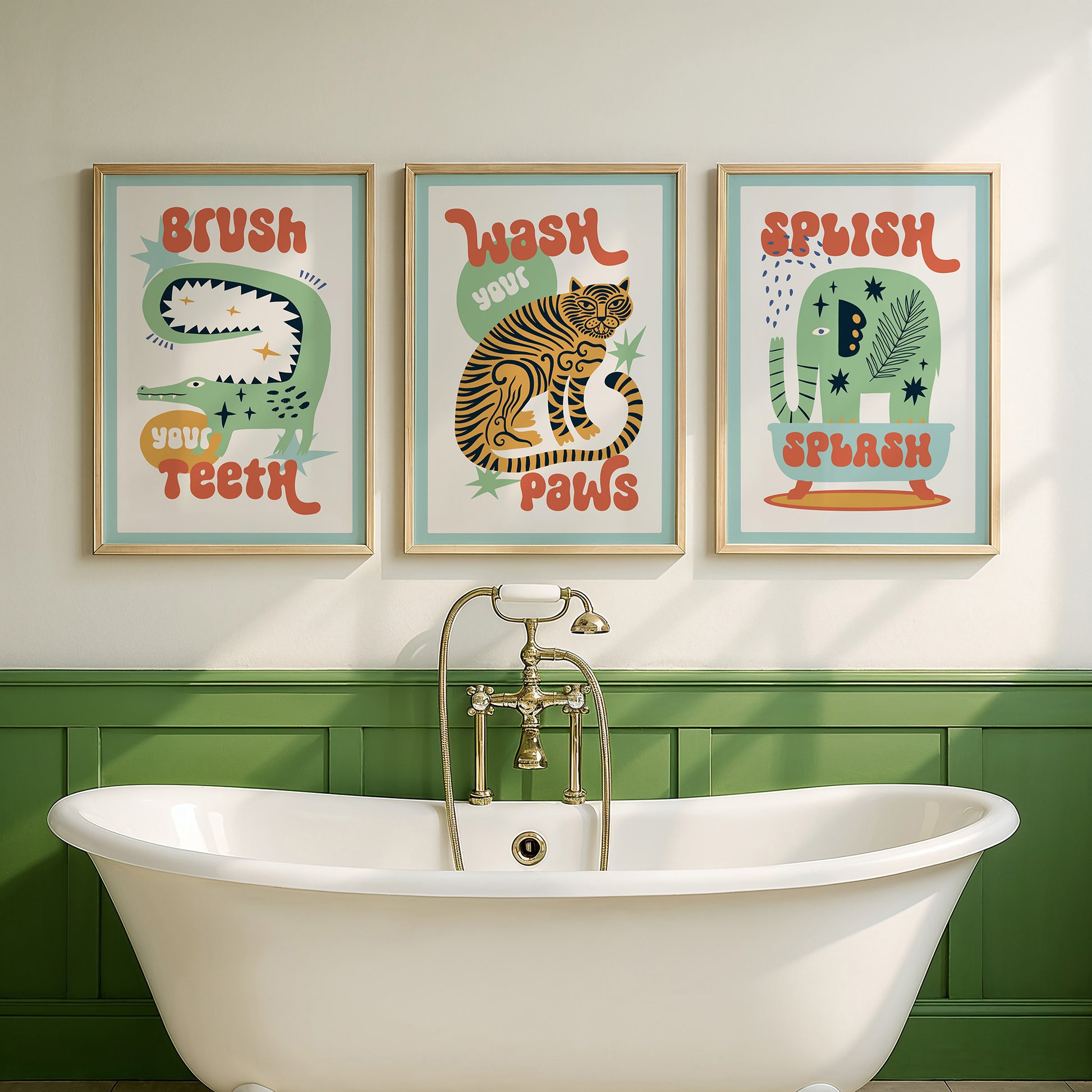 Bathroom with a white bathtub, green wall, and three framed animal-themed posters.