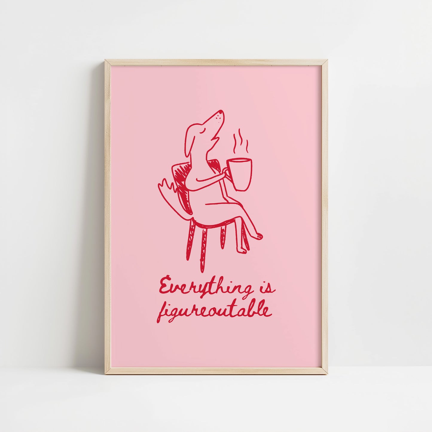 Framed pink poster with red illustration of a fox and text on a white background