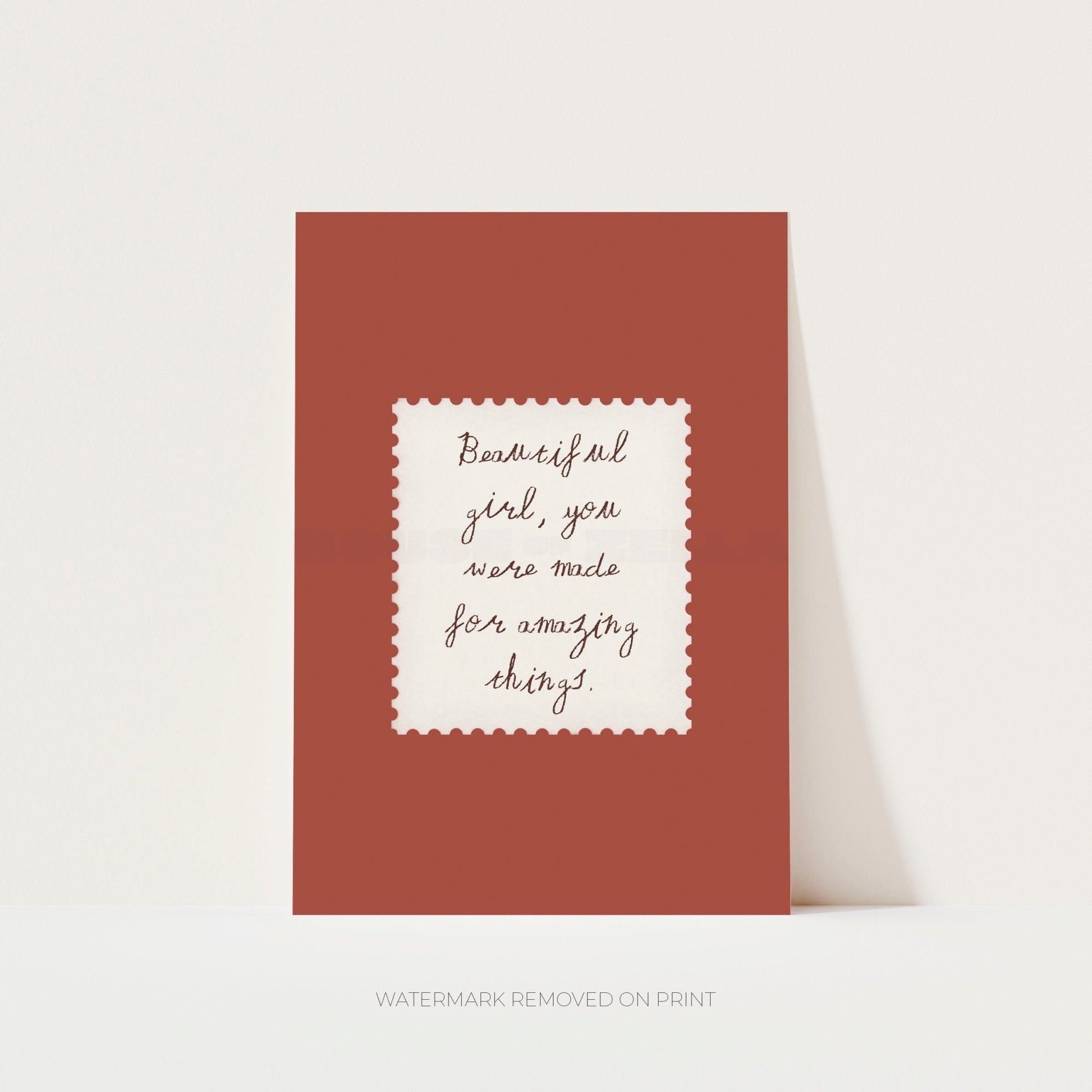 Motivational quote card with 'Beautiful girl, you were made for amazing things' on a red background