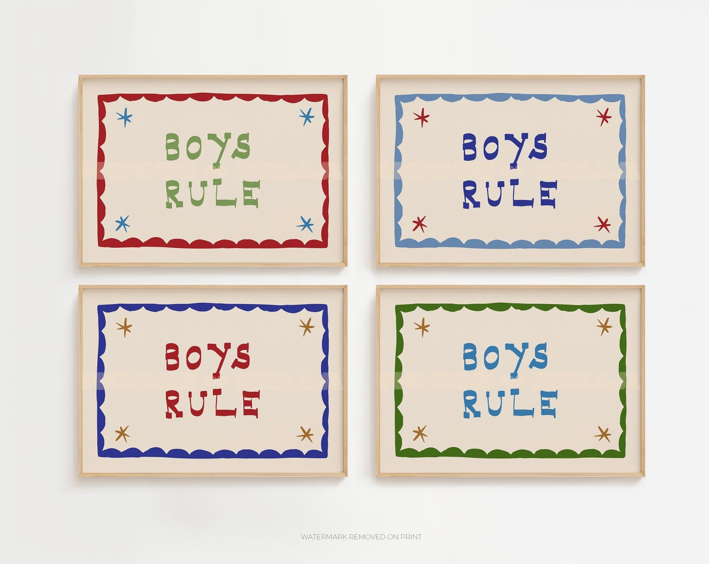 Boys Rule Wall Art Print showing in 4 different colouways in 4 seperate frames