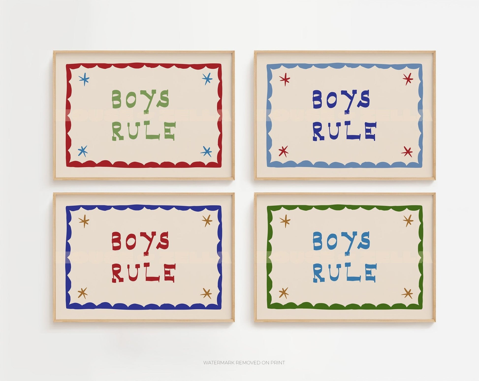 Boys Rule Wall Art Print showing in 4 different colouways in 4 seperate frames