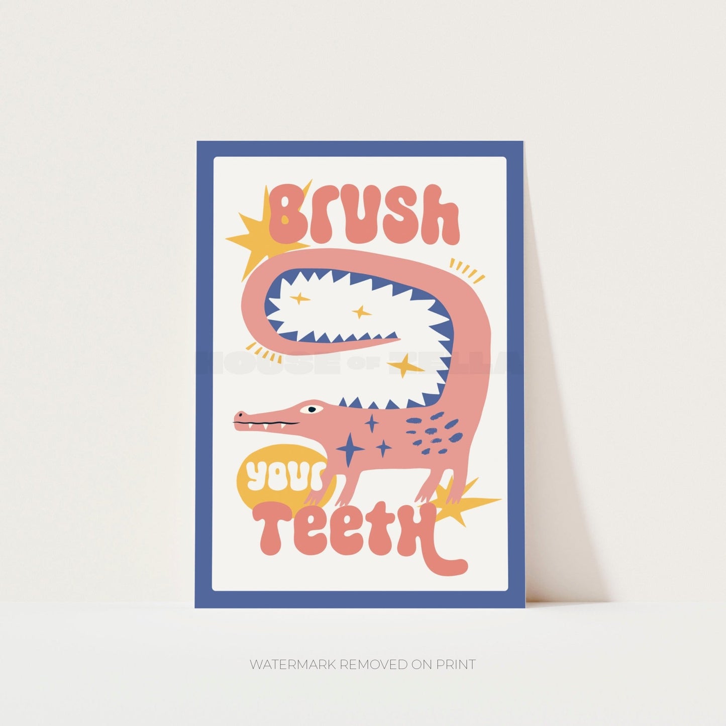 Brush Your Teeth bathroom wall art print featuring a playful crocodile illustration 