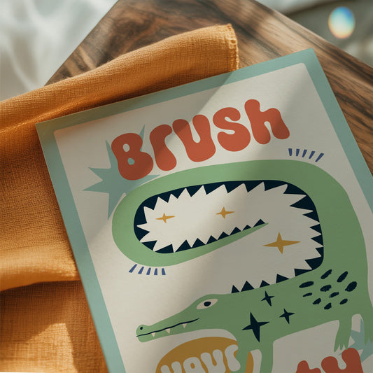Brush Your Teeth bathroom wall art print featuring a playful crocodile illustration 