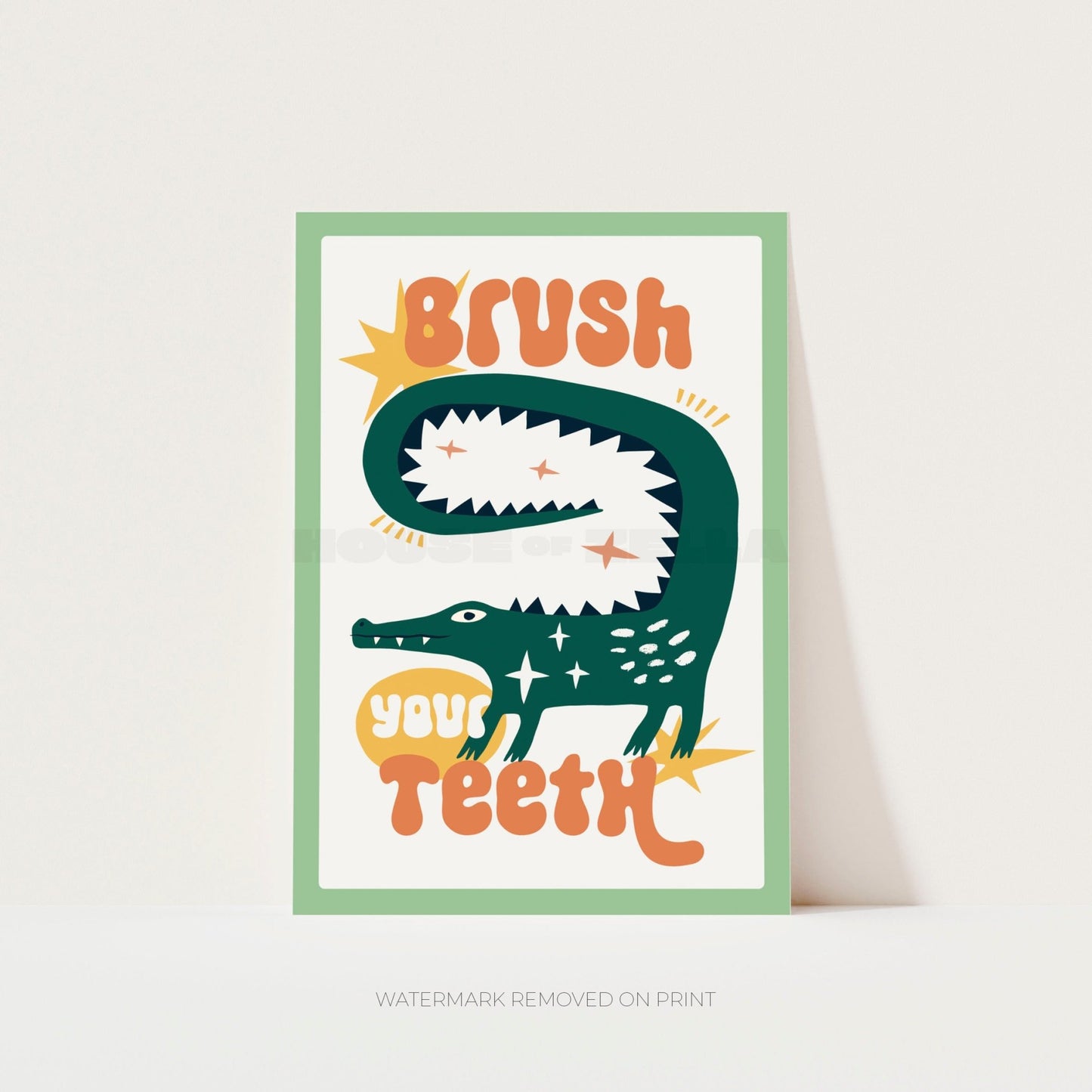 Brush Your Teeth bathroom wall art print featuring a playful crocodile illustration 