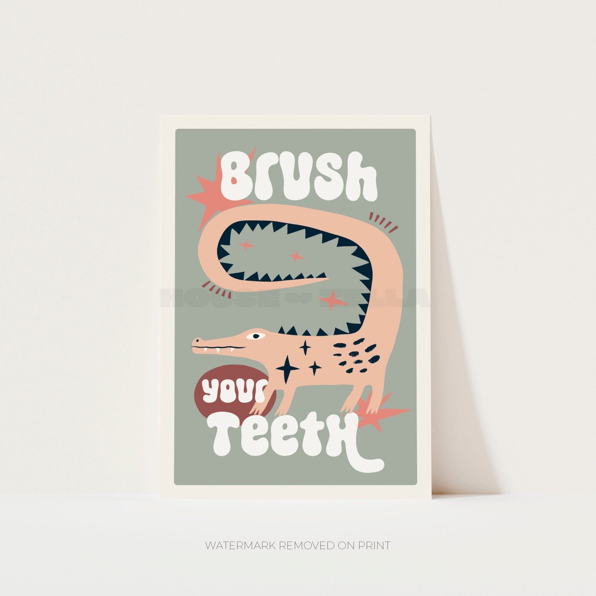 Brush Your Teeth bathroom wall art print featuring a playful crocodile illustration 
