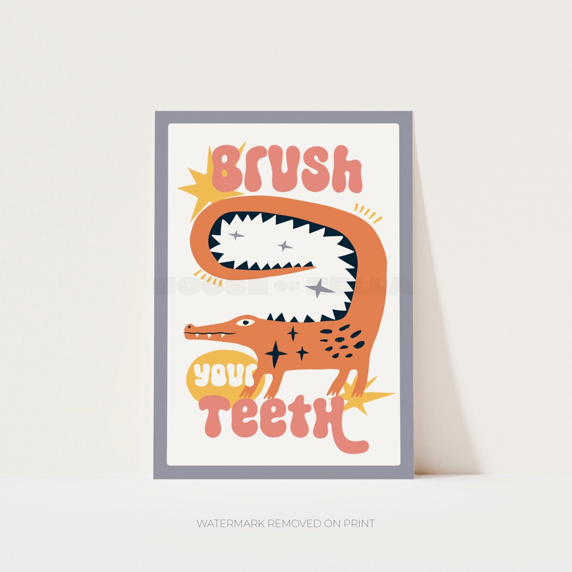 Brush Your Teeth bathroom wall art print featuring a playful crocodile illustration 