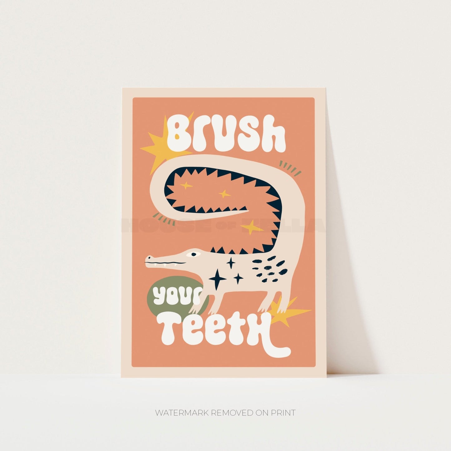 Brush Your Teeth bathroom wall art print featuring a playful crocodile illustration 
