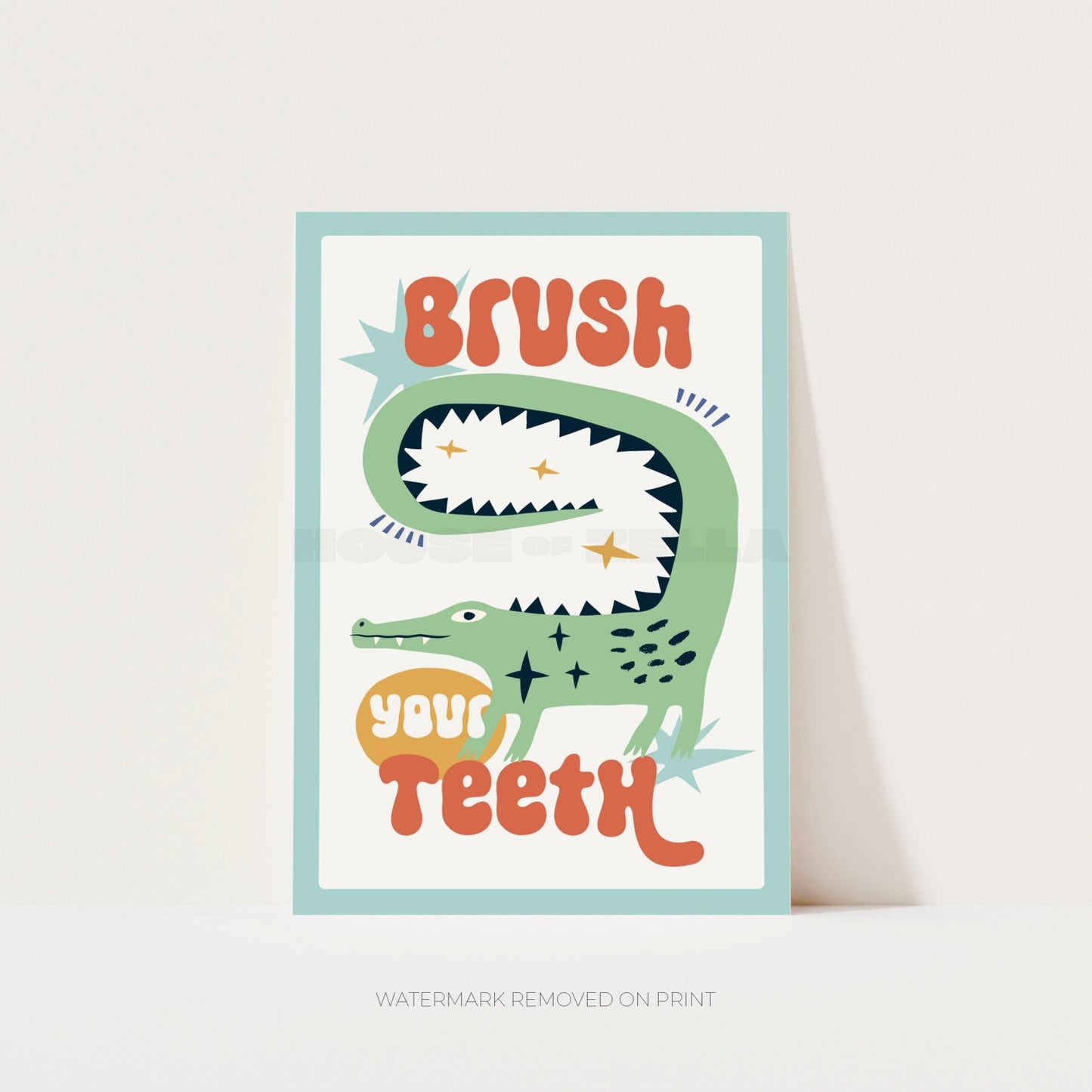 Brush Your Teeth bathroom wall art print featuring a playful crocodile illustration 
