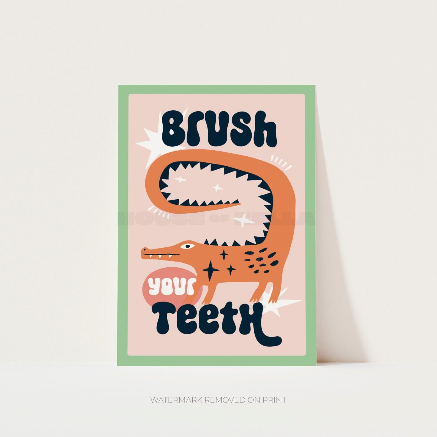 Brush Your Teeth bathroom wall art print featuring a playful crocodile illustration 
