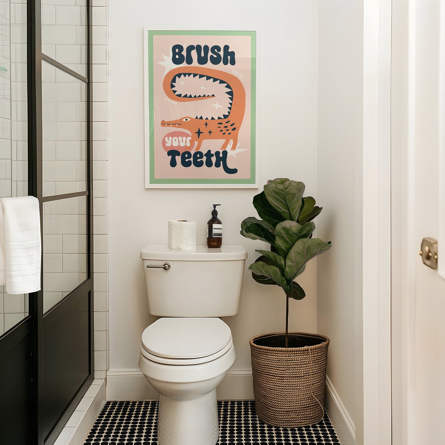 Brush Your Teeth bathroom wall art print featuring a playful crocodile illustration 