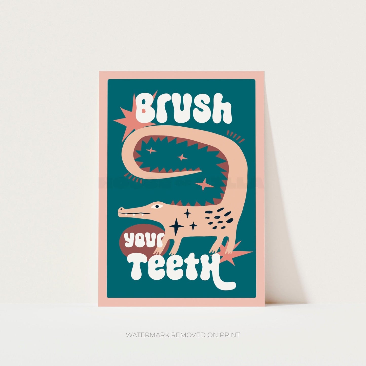 Brush Your Teeth bathroom wall art print featuring a playful crocodile illustration 