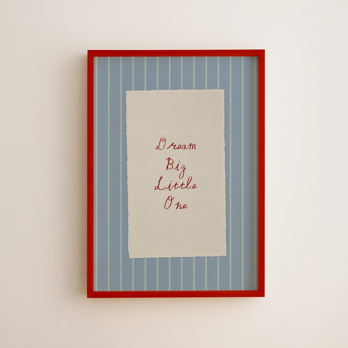 Blue striped nursery wall art print for baby boys and children's rooms, shown in a red frame