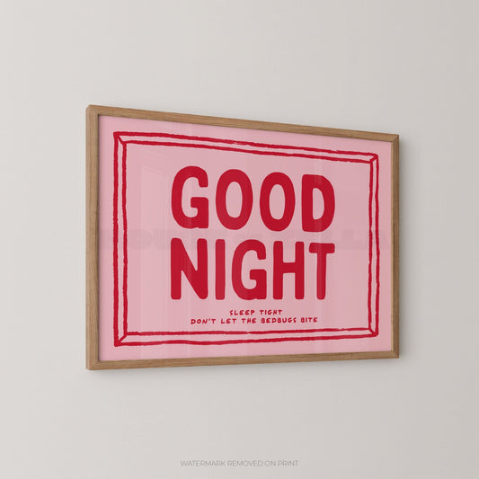 Framed artwork with 'GOOD NIGHT' text on a pink background