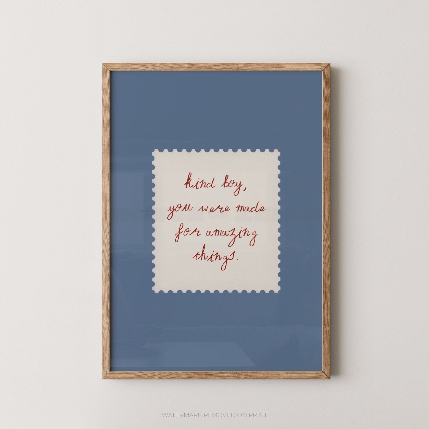 Framed print with text on a blue background