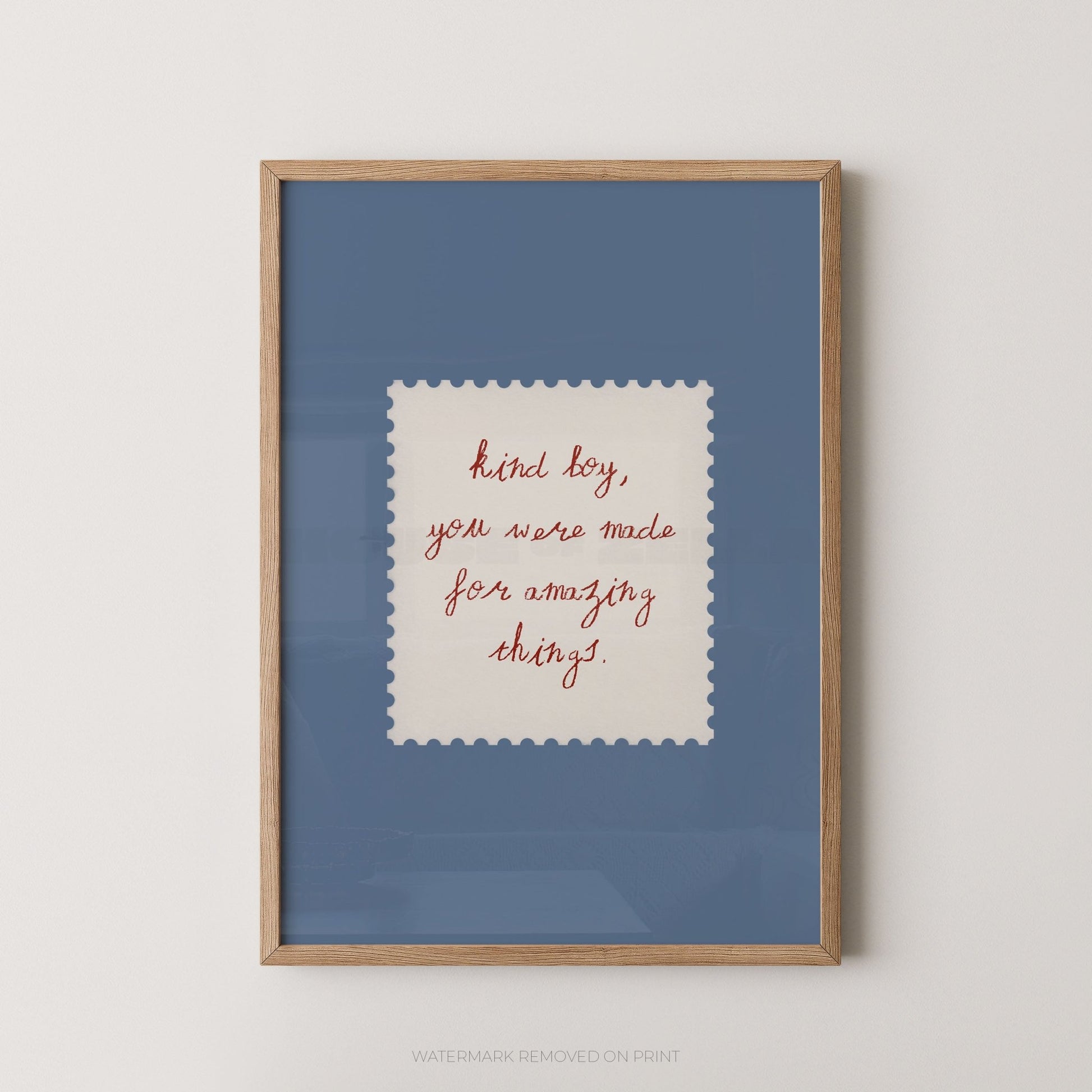 Framed print with text on a blue background