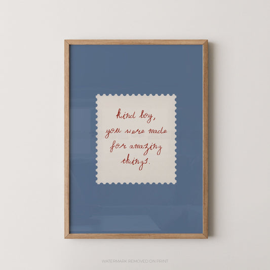 Framed print with text on a blue background