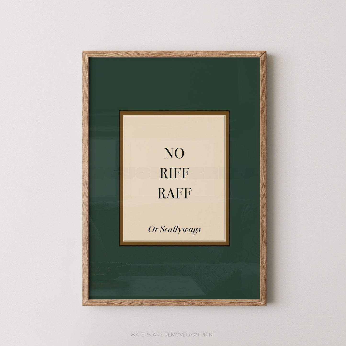 Framed artwork with text on a beige wall