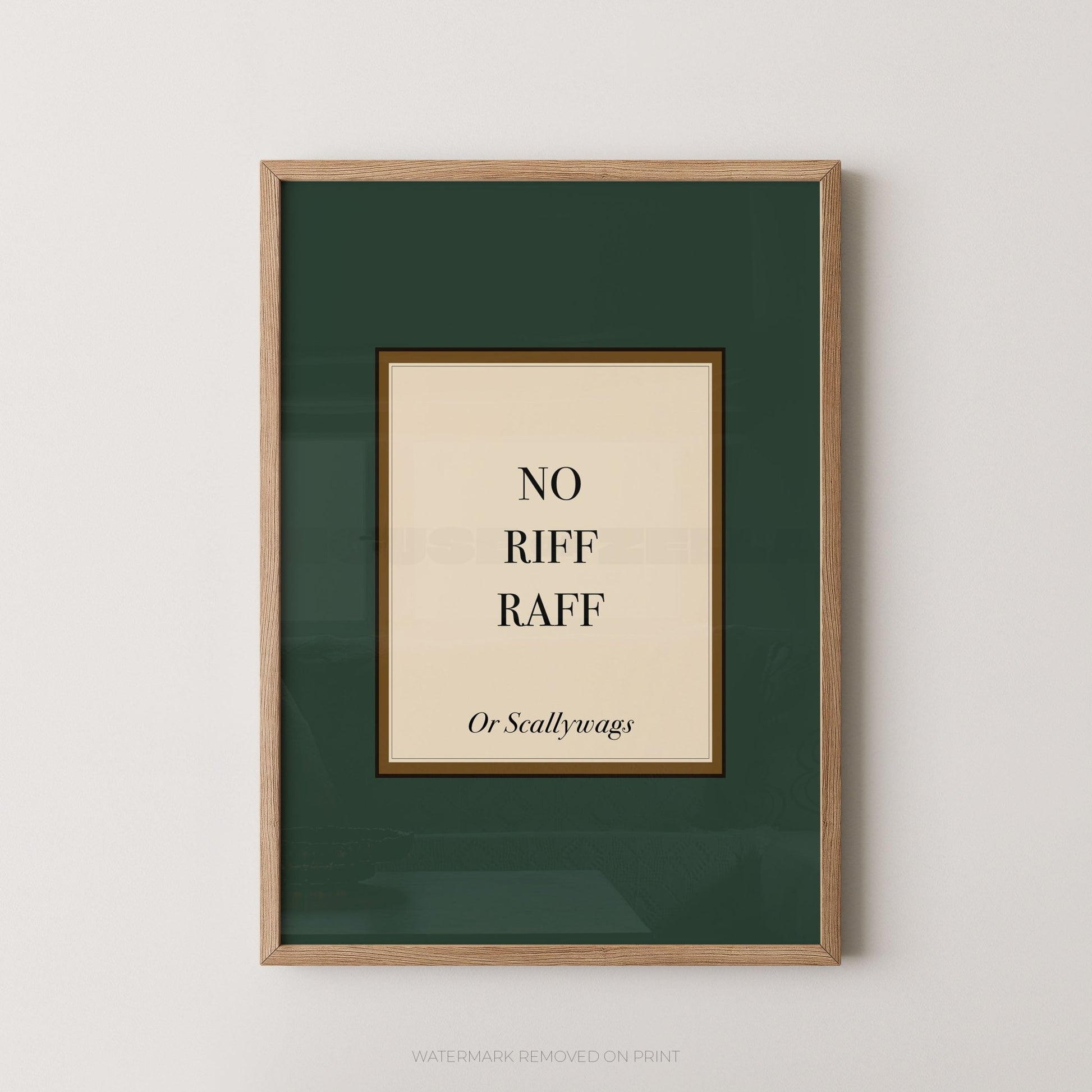 Framed artwork with text on a beige wall