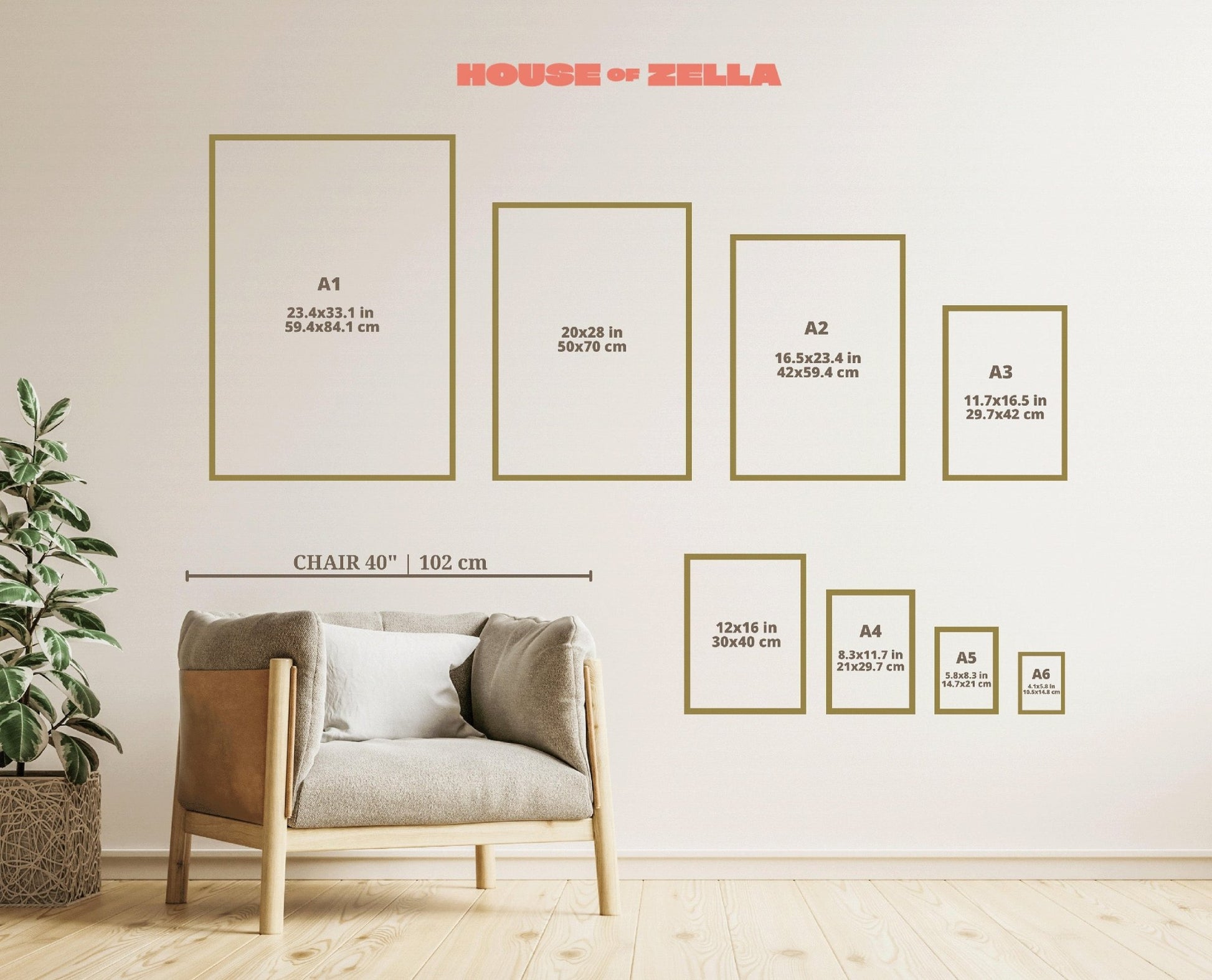 Wall with gold picture frames of different sizes and 'House of Zella' branding.
