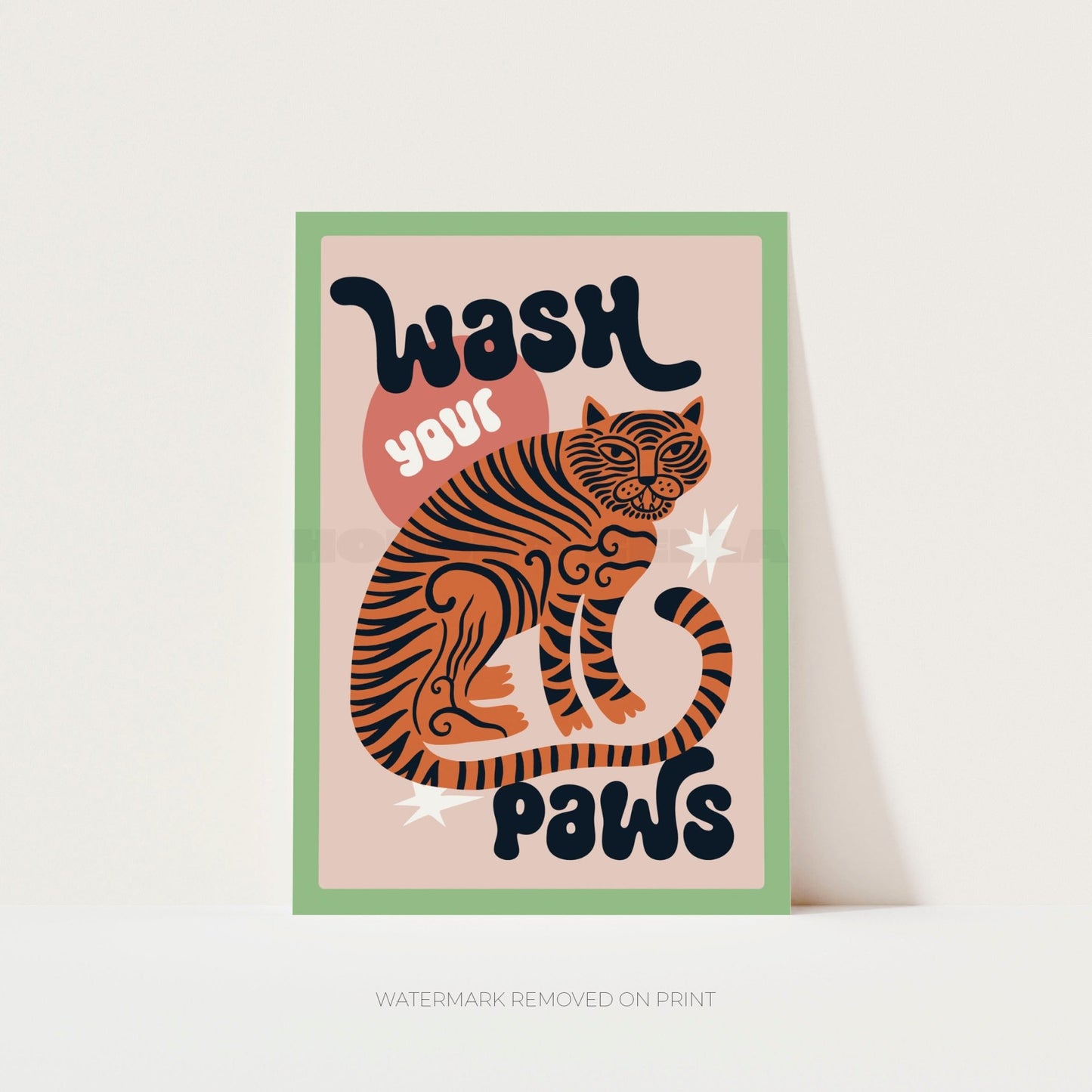 Poster with a tiger illustration and text 'Wash your paws' on a light pink background.