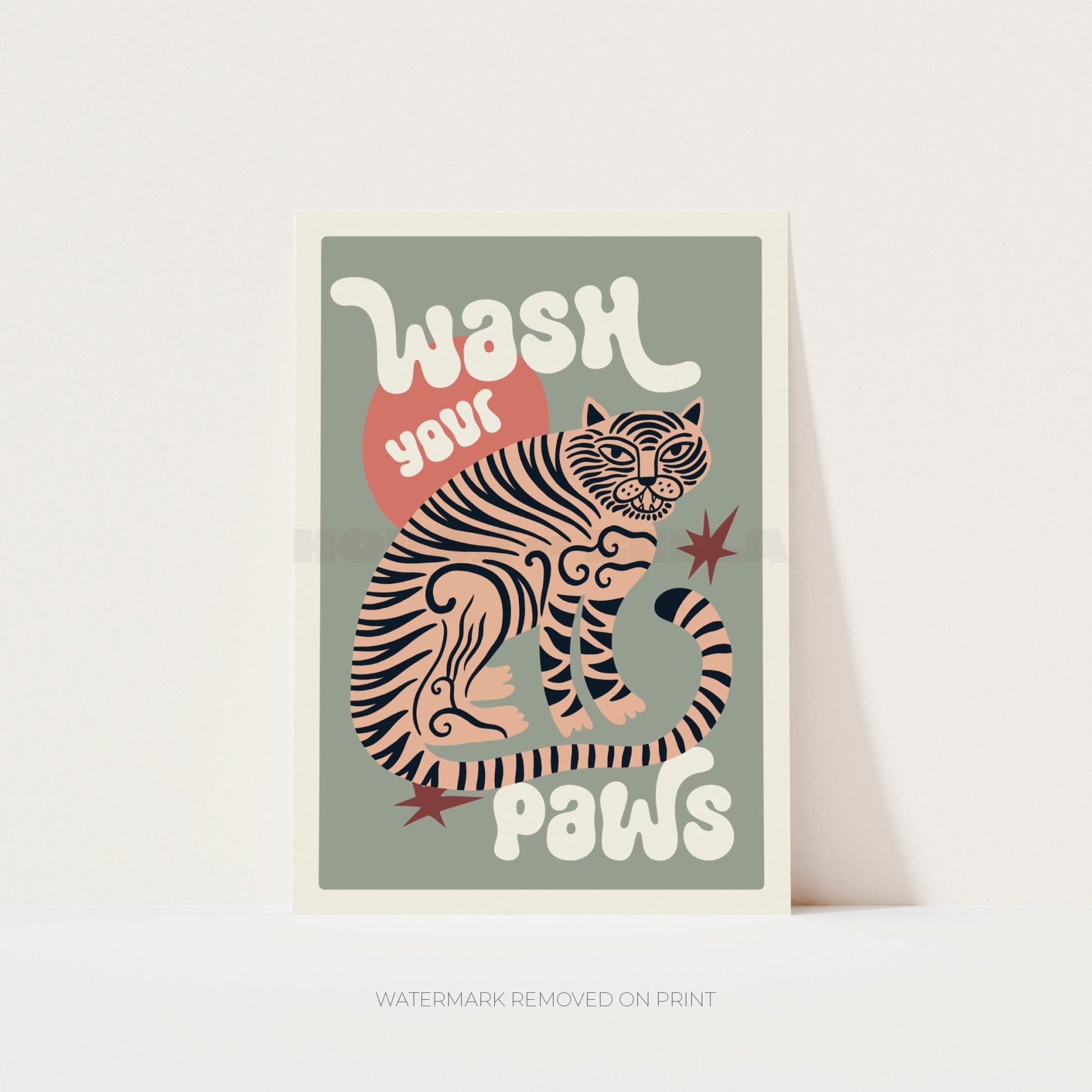 Poster with a tiger illustration and text 'Wash your paws' on a light green background