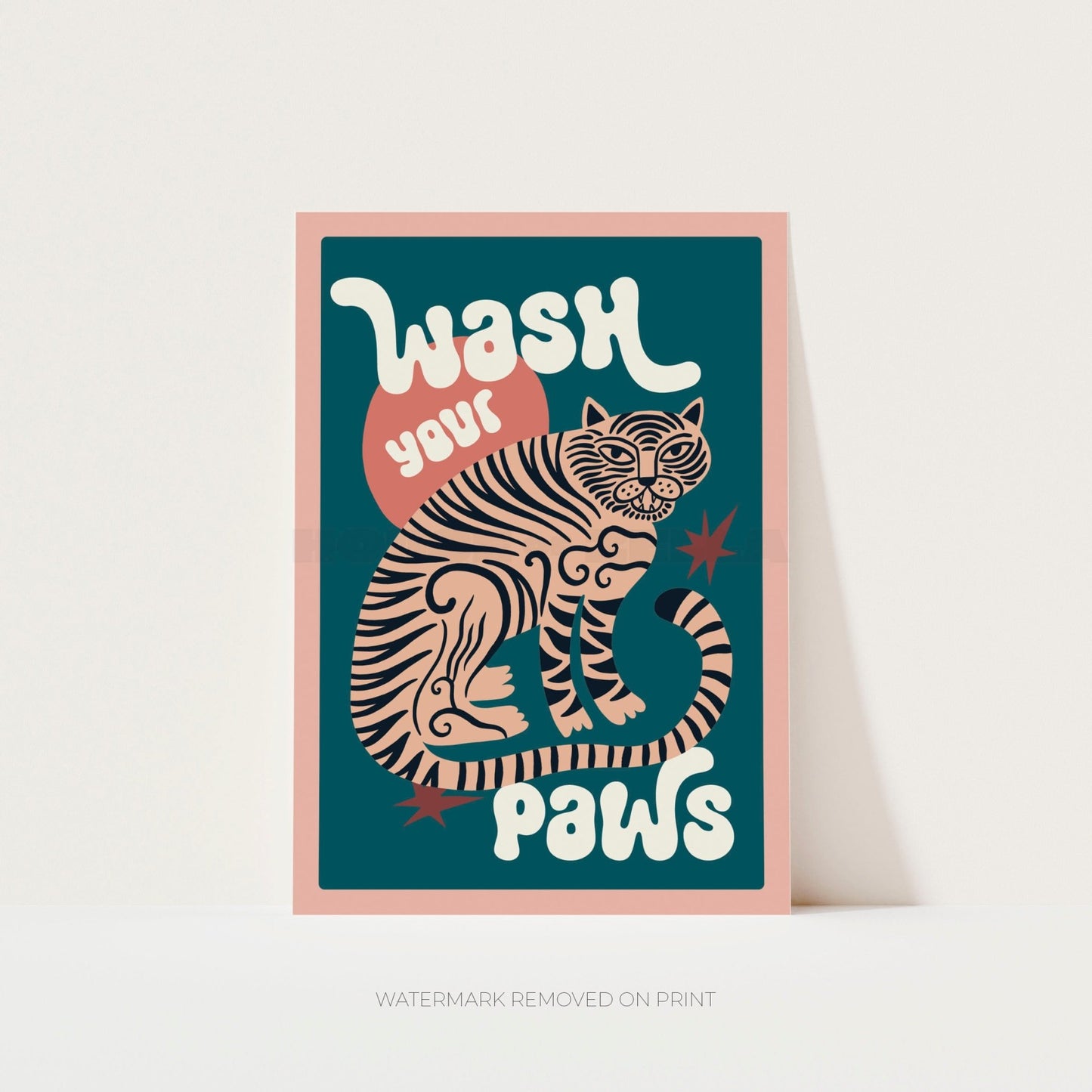 Framed poster with a tiger illustration and text 'Wash your paws' on a teal background.