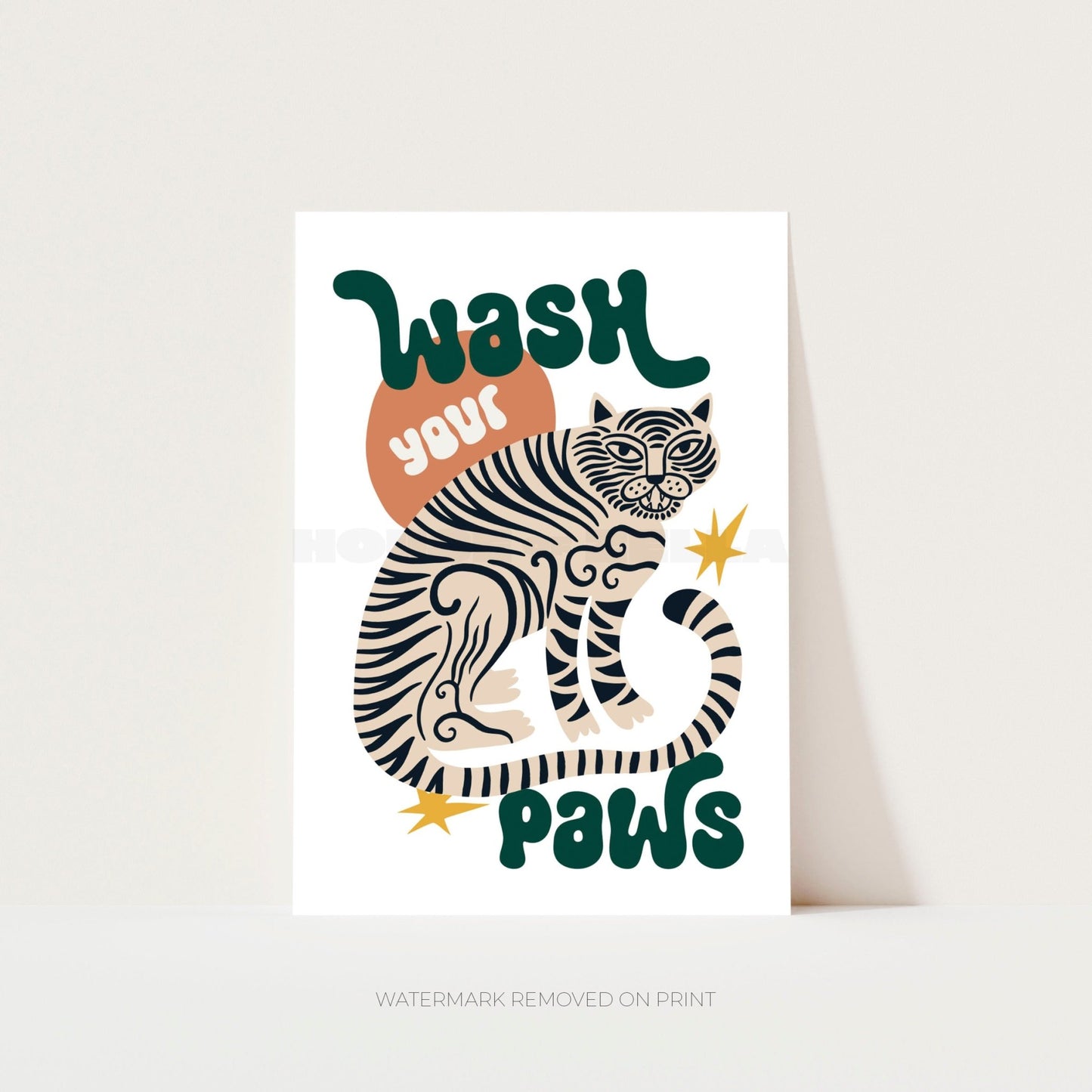 Poster with a tiger illustration and 'Wash your paws' text on a white background