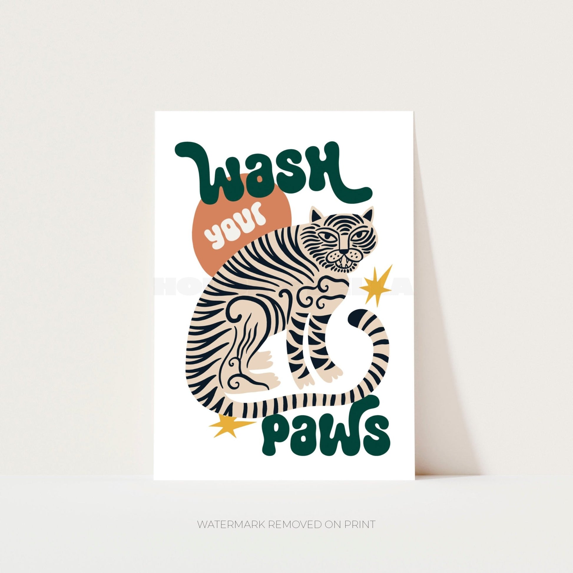 Poster with a tiger illustration and 'Wash your paws' text on a white background